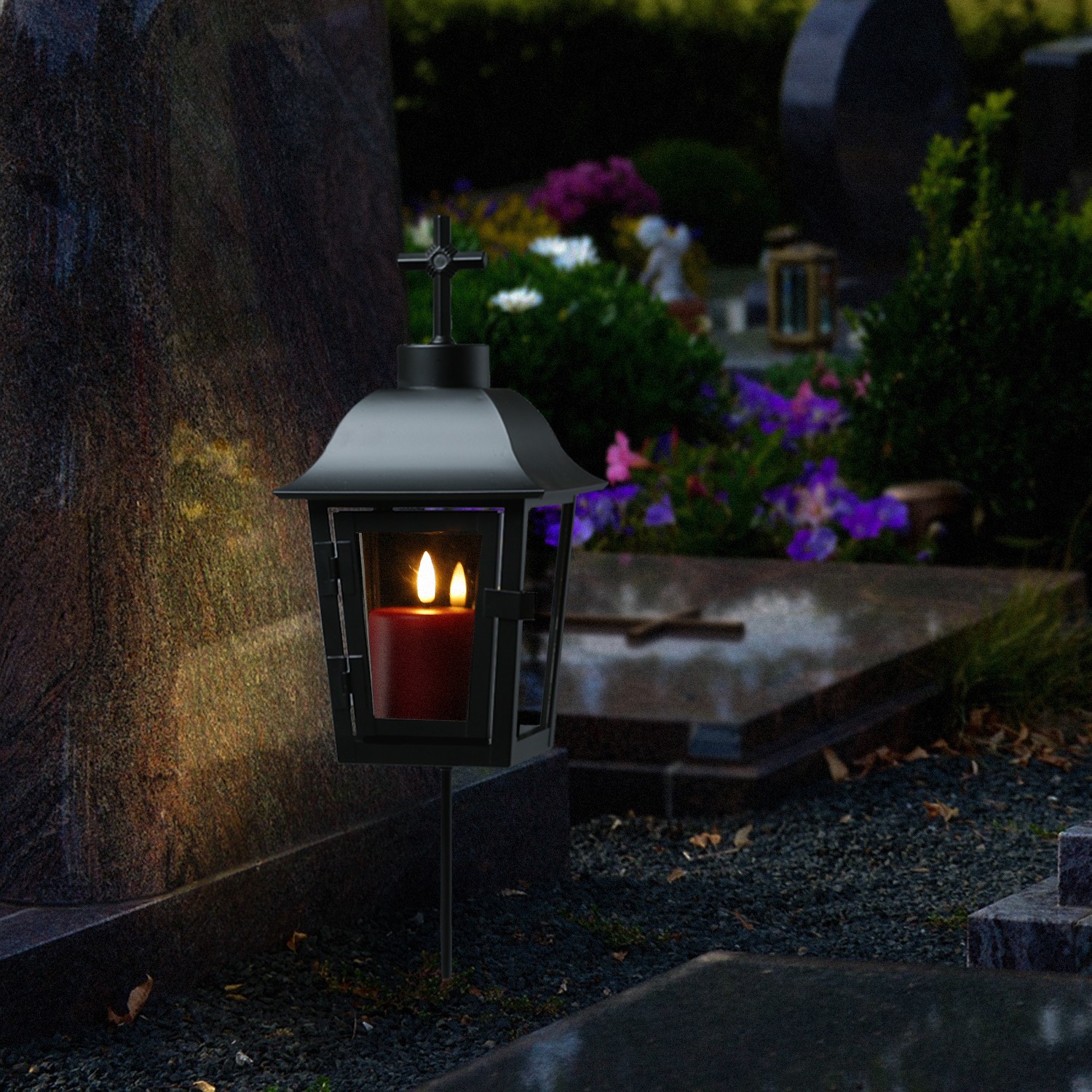 Grablaterne mit Mini LED Kerze - Grablampe mit 2 wechselbaren Spitzen/Erdspieß - H: 51cm - schwarz