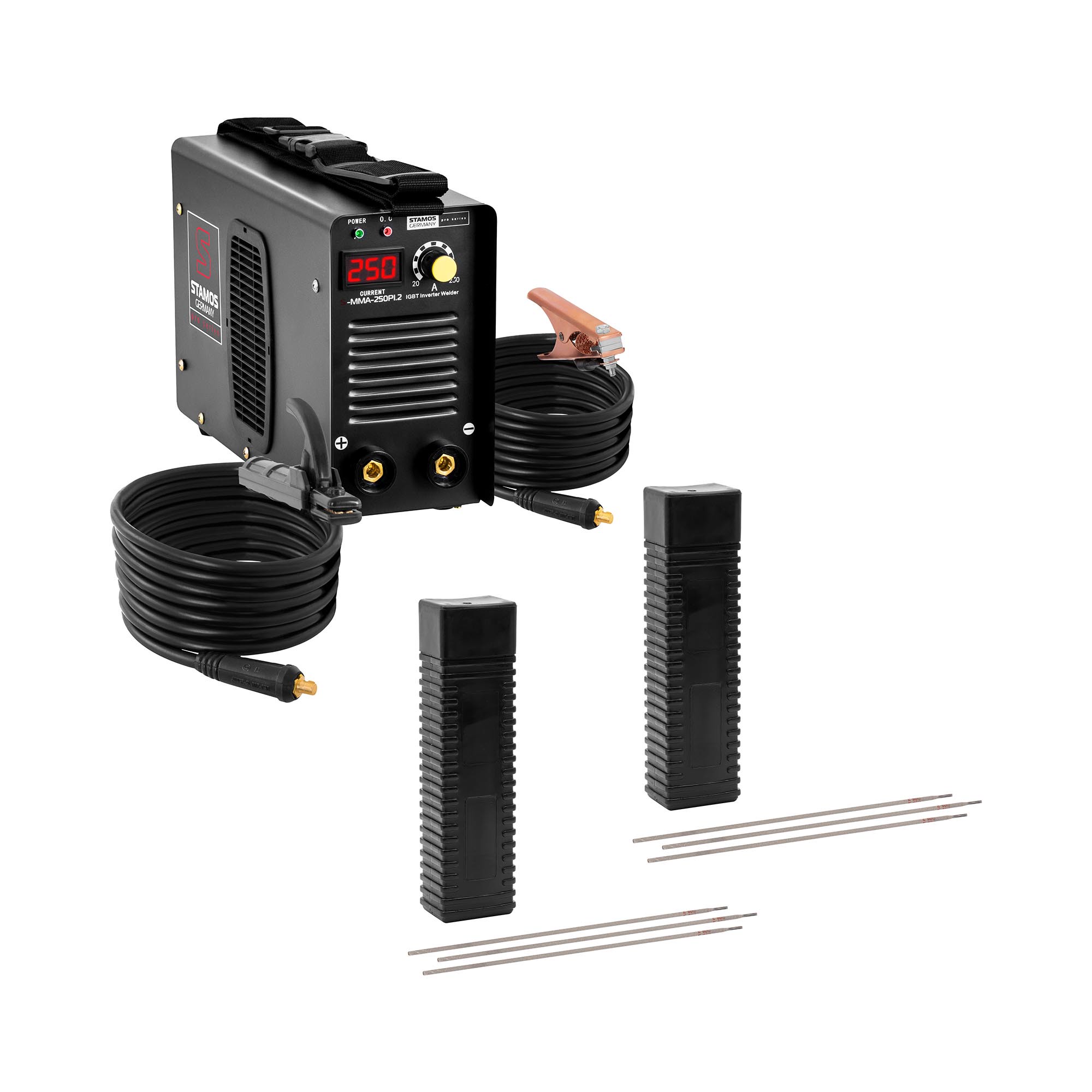 Stamos Welding Group Schweißset Elektroden Schweißgerät - 250 A - 8 m Kabel - 60 % Duty Cycle - Elektroden E6013 - Rutil-Zellulose - Ø 3.2 x 350 mm - 2 x 5 kg
