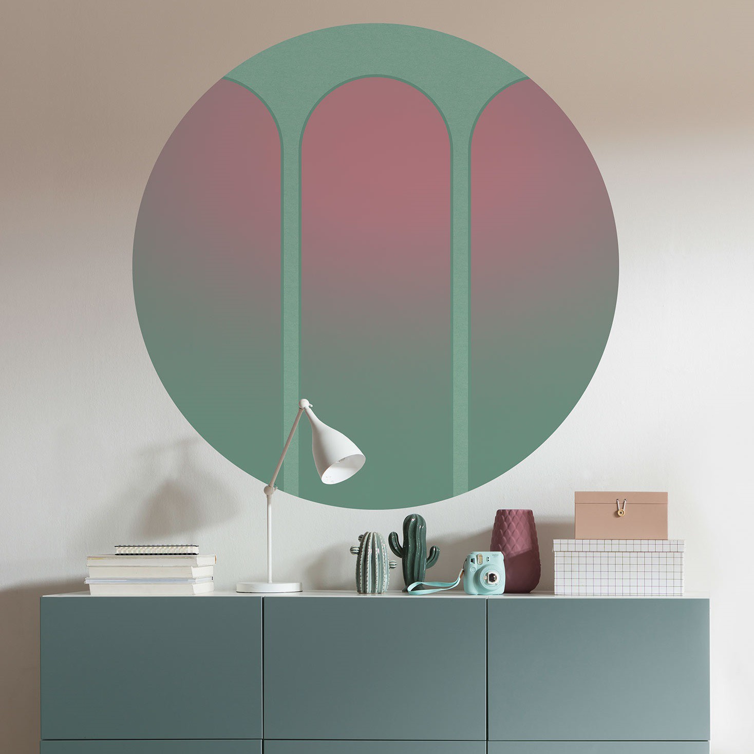 Vlies Fototapete Dot Three Doors 125 x 125 cm Wandtattoo Selbstklebend Grün Rosa Komar