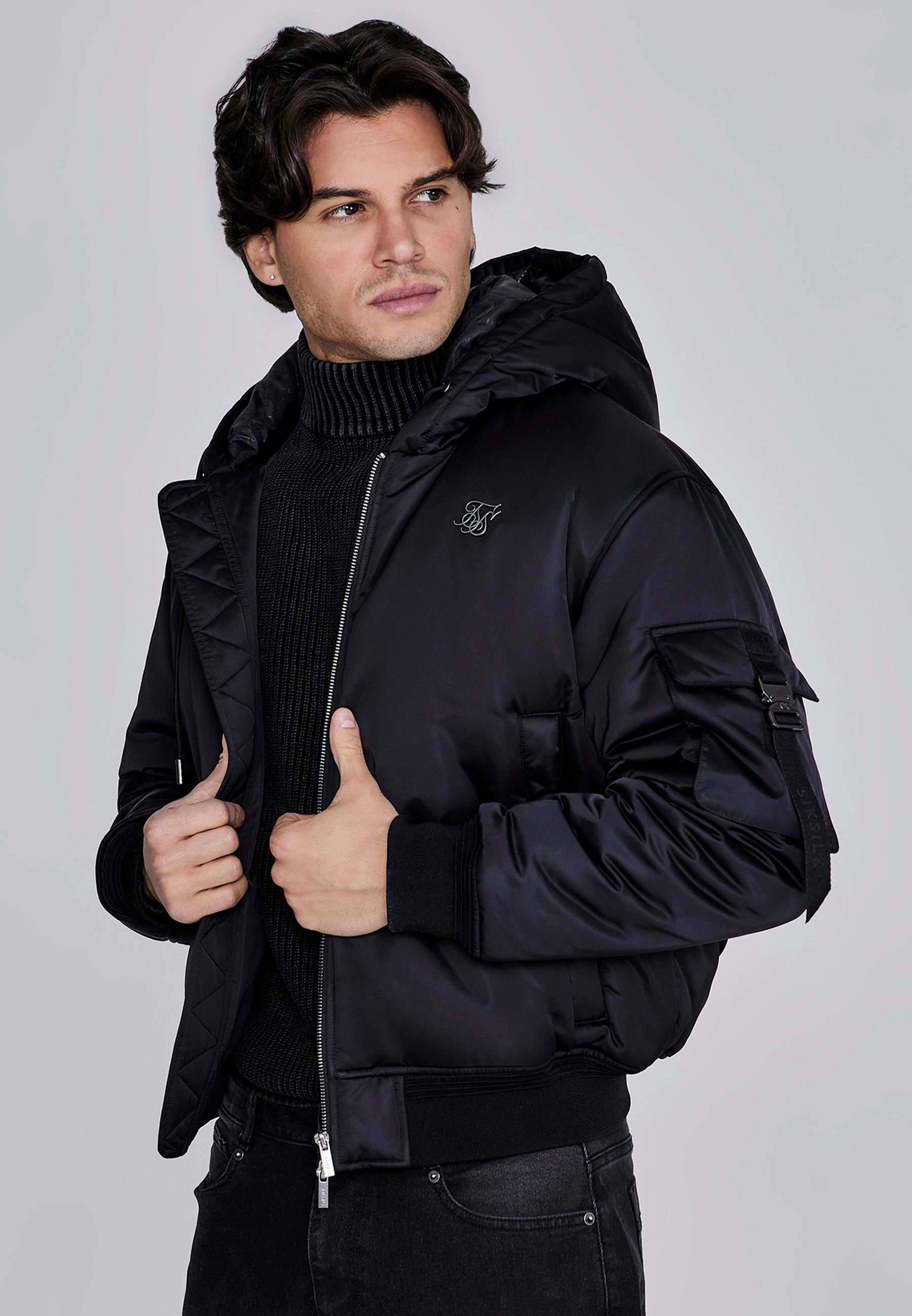 SikSilk Herren Schwarze Bomberjacke mit Kapuze L