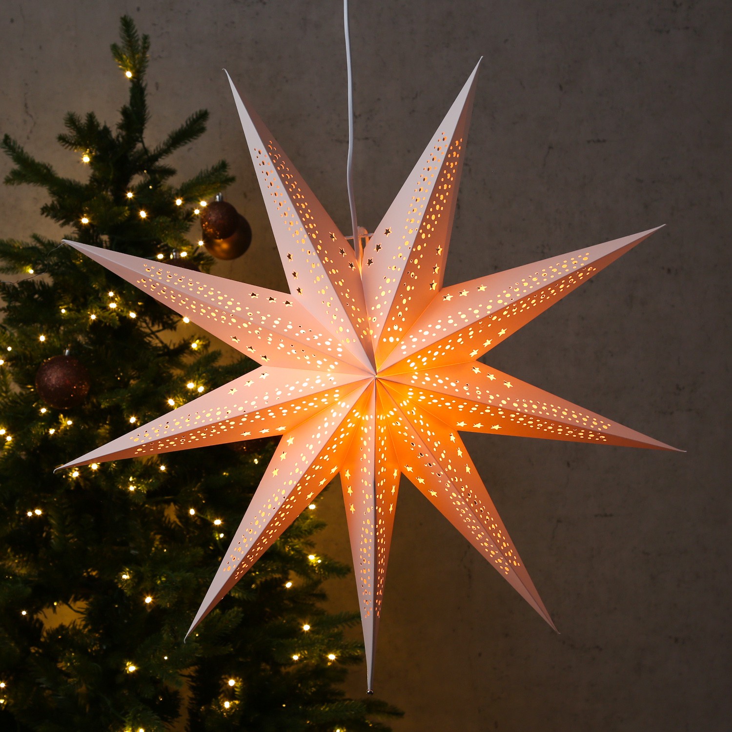 Papierstern SARA - hängend - 9-zackig - D: 69cm - inkl. E14 Fassung und Kabel - weiß