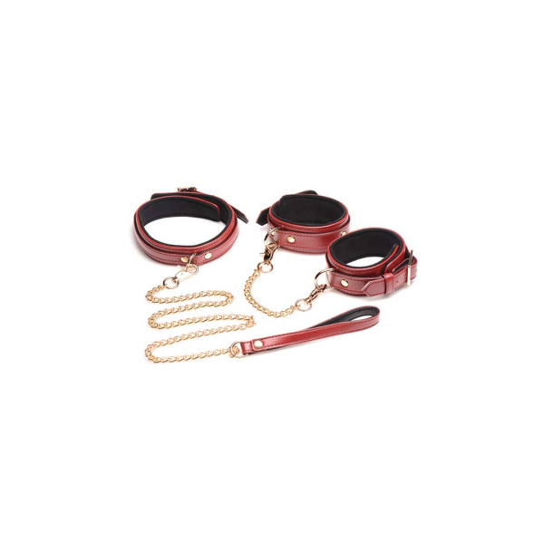 6-teiliges Burgundy-Bondage-Set mit Manschetten, Halsband und Gürtel
