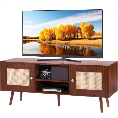 VEVOR Rattan-TV-Ständer, Fernsehschrank Boho-TV-Schrank für 140 cm Fernseher, Retro-TV-Ständer, Rattan-TV-Konsole mit verstellbaren Regalen & 2 Türen, für Wohnzimmer, Medienraum, Walnuss