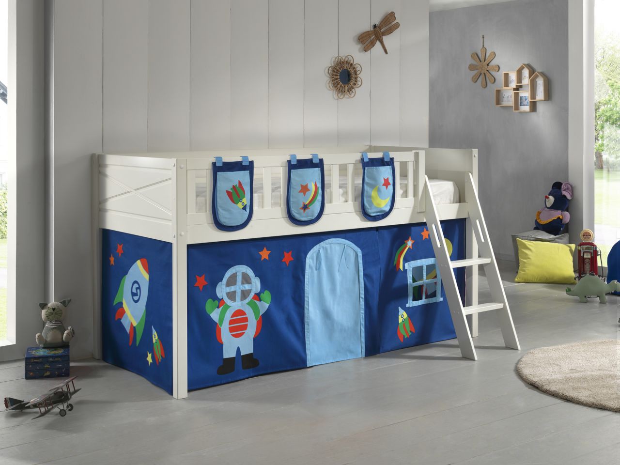 Set Spielbett Vorhang Lattenrost Hochbett Kinderbett 90x200 Weltall Astronauten