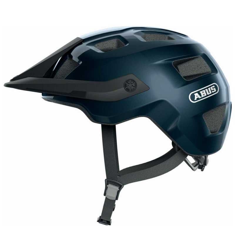 ABUS MTB robuster Fahrradhelm mit höhenverstellbarem Visier für Mountainbiker blau glänzend M