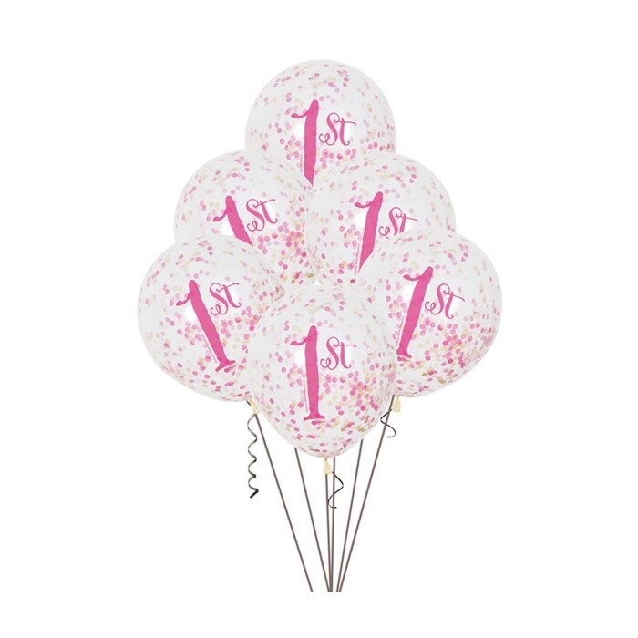 Ballon mit Konfetti - 1. Geburtstag: 1st, 6 Stück, transparent / rosa / gold