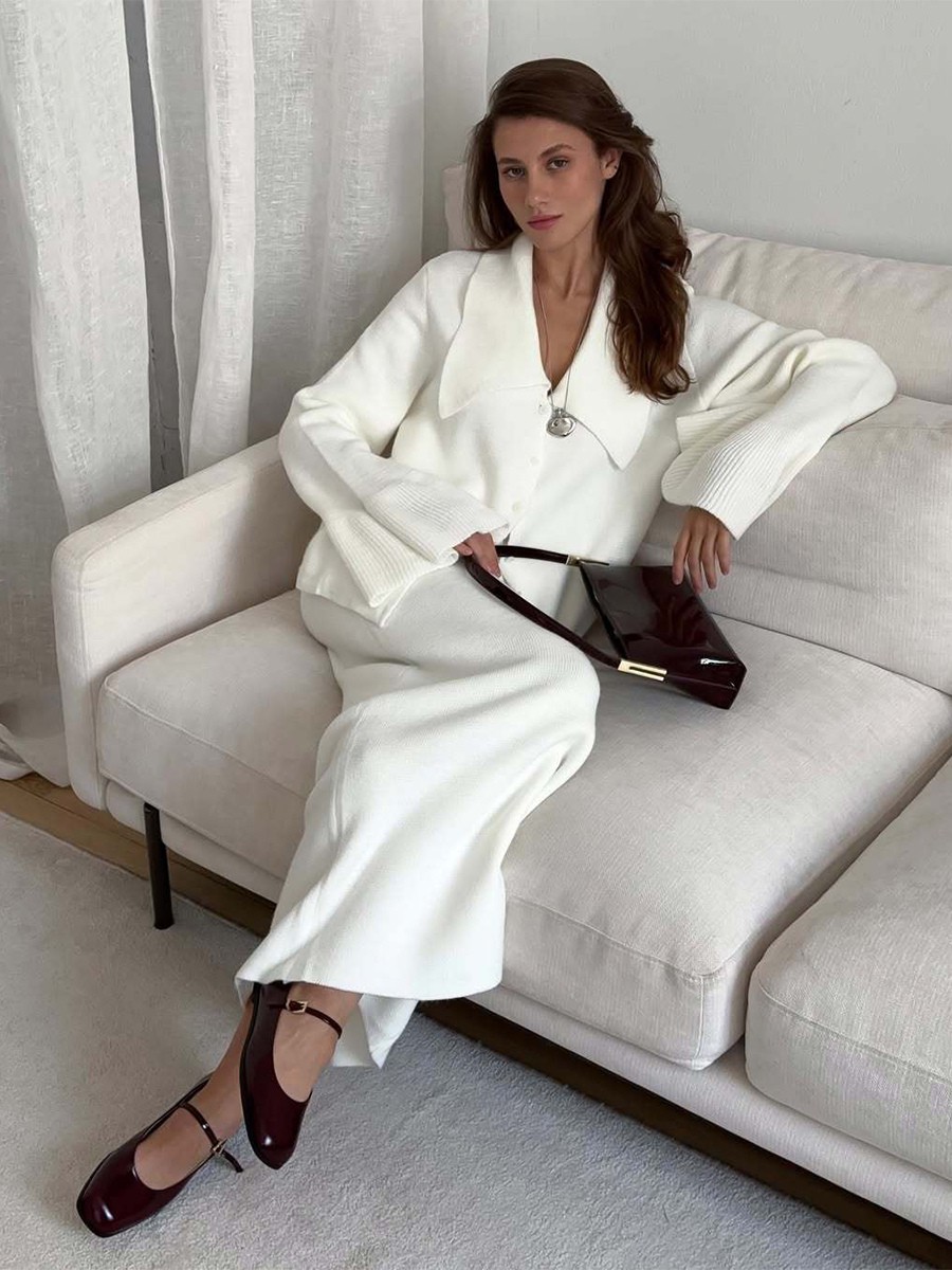 Übergroßes Polo-Cardigan und langer Strickrock zweiteiliges Set für Damen 2025