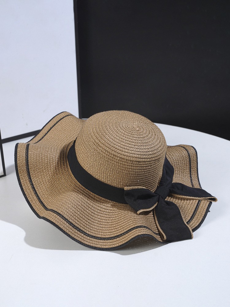 Strohhut mit Schleife und gewellter Krempe Sommer-/Strand-Sonnenhut für Damen 2025