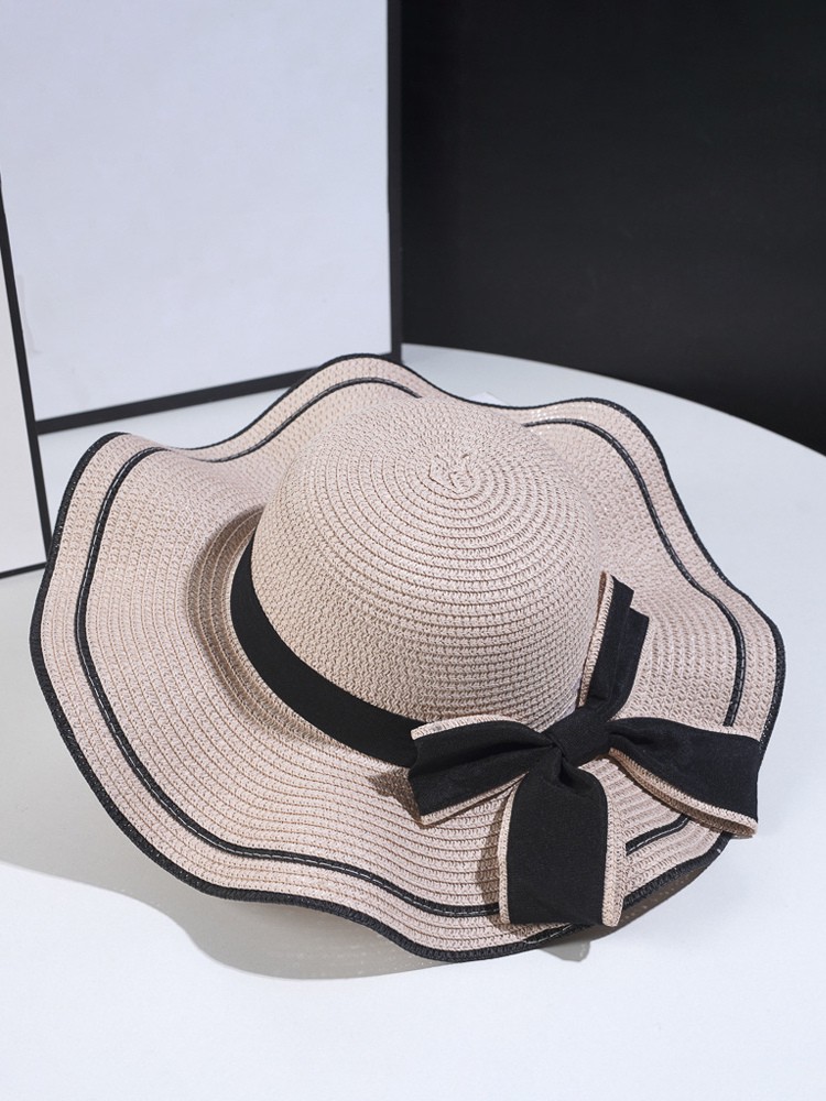 Strohhut mit Schleife und gewellter Krempe Sommer-/Strand-Sonnenhut für Damen 2025