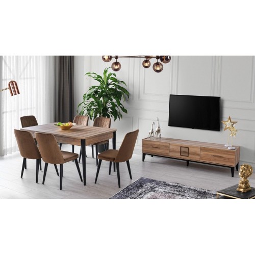 Essgruppe Esszimmer Esstisch Stühle Holz Set 8tlg Braun TV Ständer
