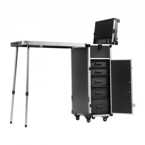 VEVOR Professioneller Make-up-Koffer aus Aluminium, Kosmetikkoffer, Werkbank mit Stützbeinen, Roll-Make-up-Koffer, extragroßer Trolley, Make-up-Reise-Organizer, mit 360° drehbaren Rädern, schwarz