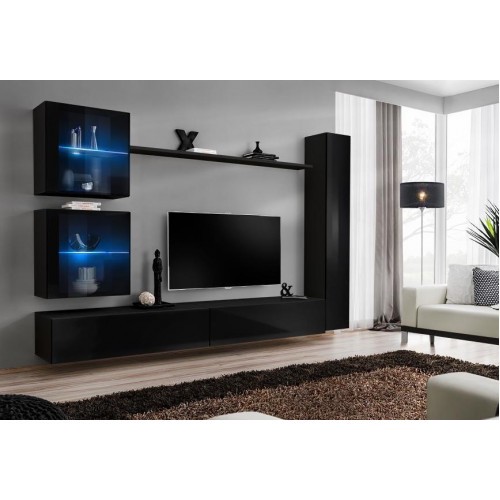 Schwarz Wohnwand Komplett Set Einrichtung Designer Möbel TV-Ständer Modern