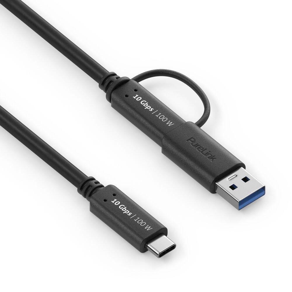 PureLink USB-C auf USB-C Kabel mit USB-A Aufsatz - 3.2 Gen 2x1, 5A, 10G, DP Alt Mode - iSerie - schwarz - 0,50m