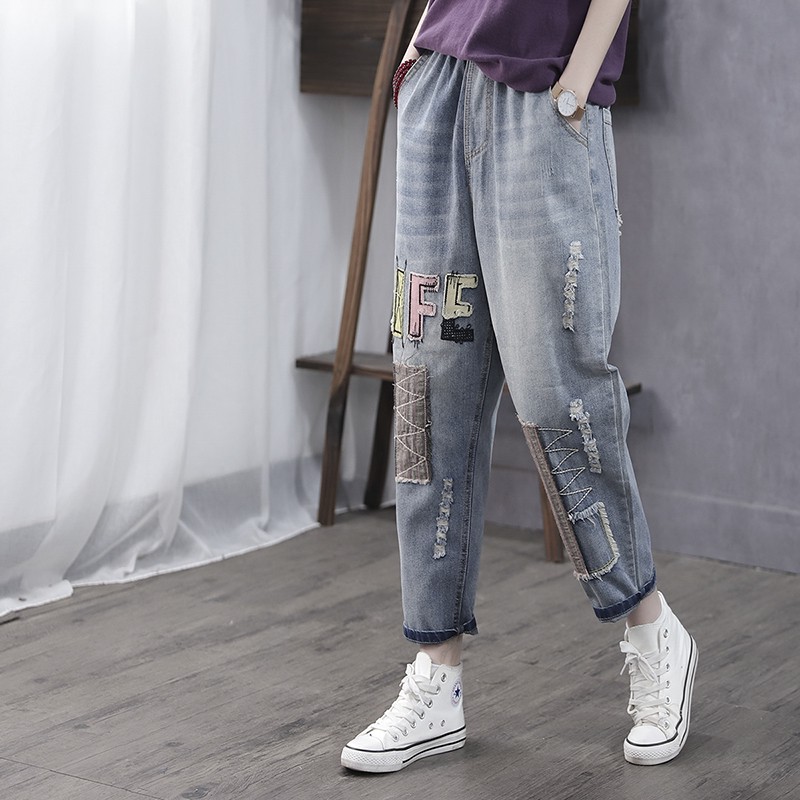 Kog100 Blue Korea Line In Accordance With New Spring Light Color Elastic High Waist Jeans Women Loose Embroidery Haroun Pa