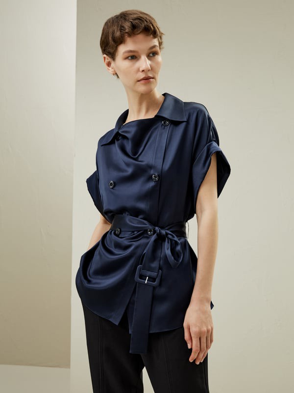 LILYSILK Damen Seide Trenchcoat Dunkel Blau DE Luxuriöse Glanzstruktur Geeignet Für Den Professionellen Oder Freizeitbereich S