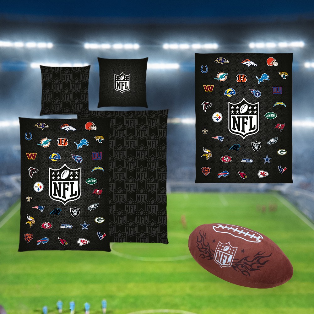 NFL Fanpaket – Bettwäsche-Set ‘All Teams’ 135×200 cm + Kuscheldecke ‘All Teams’ 150×200 cm + ‘Football’ Formkissen