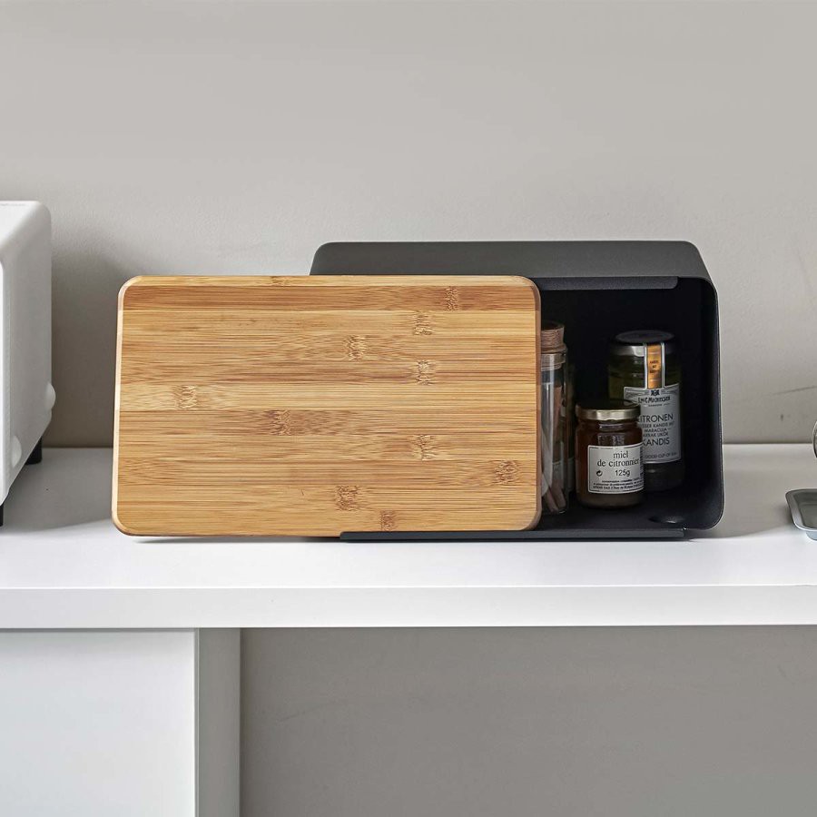 Yamazaki Home Brotkasten in weiß und schwarz 31x18x24cm mit Schneidebrett, modern, skandinavisch, schwarz