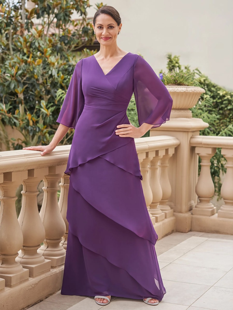 Partykleid für die Mutter der Braut V-Ausschnitt kurze Ärmel A-Linie Rüschen bodenlang Kleider für Hochzeitsgäste