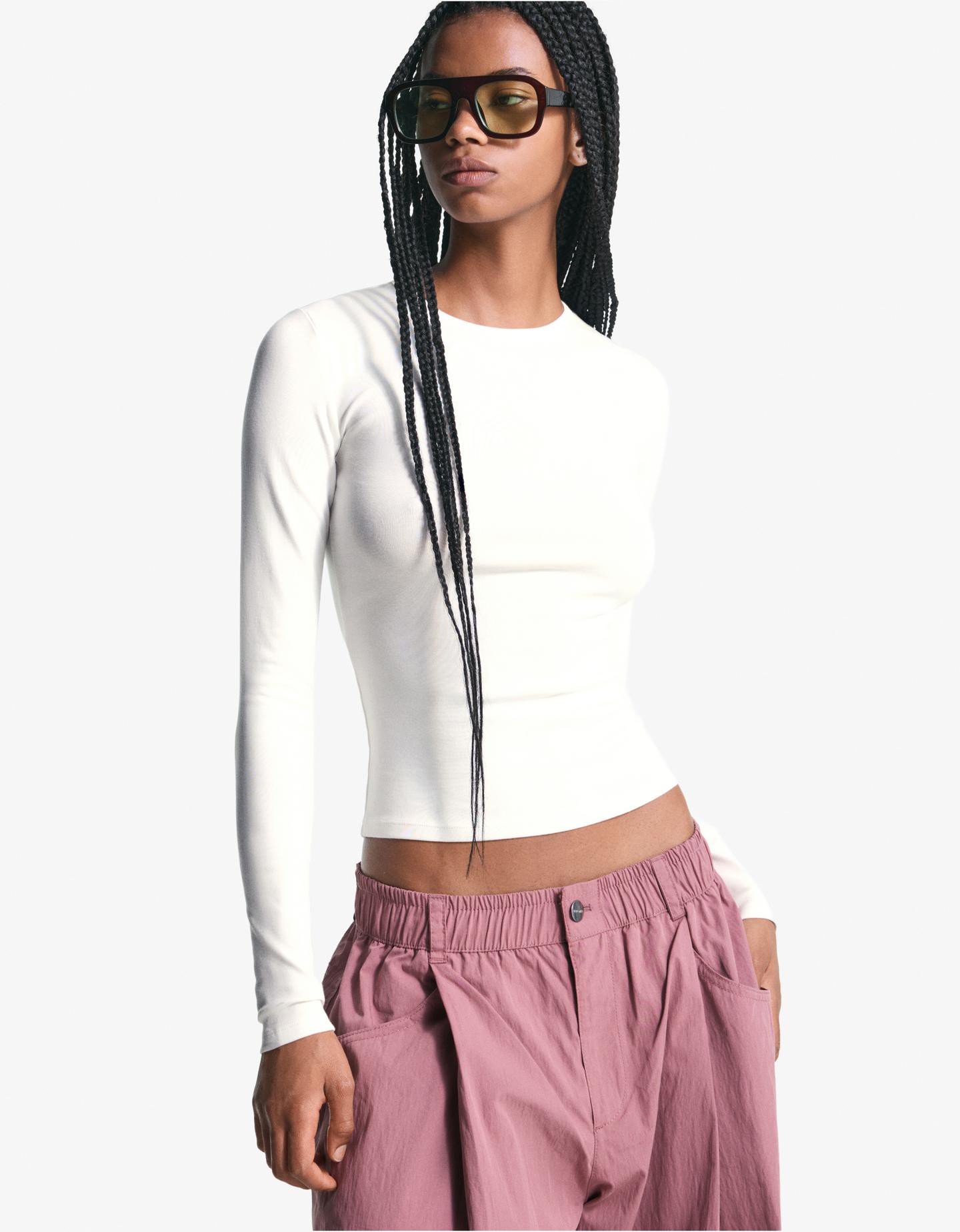 Bershka Langarmshirt Damen Xs Grbrochenes Weiss