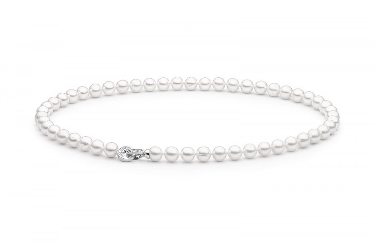Gaura Pearls Perlenkette - weiß, rund, 55 cm, Zirkonia, 925 Silber