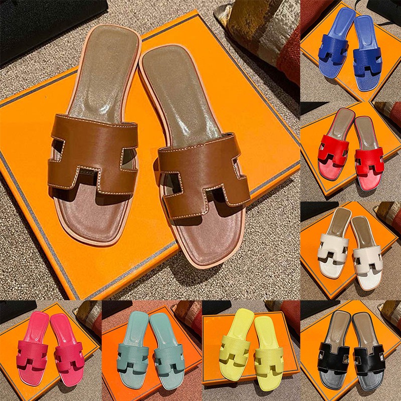 Luxury Flat H Slides Women Designer hermes Oran Sandals Calfskin Leather Slippers Brown Black White Red Pink Lady[code ：L]Shoes Clog Sliders