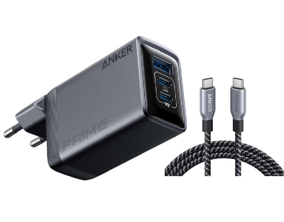 Anker Prime Ladegerät (100W, 3 Ports, GaN)+Anker Prime USB-C auf USB-C Kabel (240W, Upcycled-Flechtdesign)