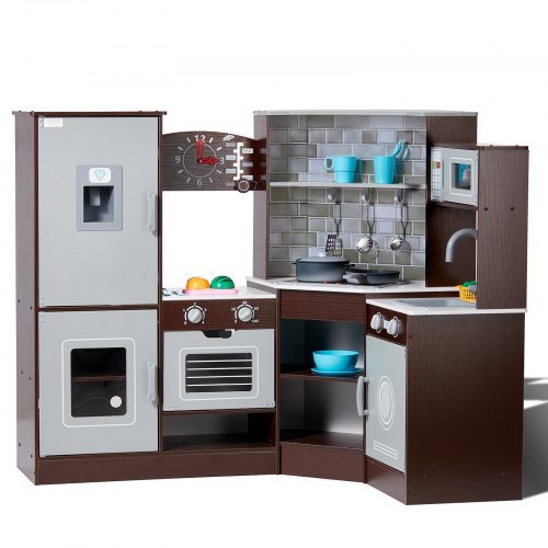 VEVOR Eck-Spielküche aus Holz, Spielzeugset mit Lichtern und Geräuschen, Kleinkinderküche mit Eismaschine, Ofen, Spüle, Uhr, Mikrowellen, Kühlschrank und Zubehör, für Kleinkinder, Vorschulkinder, braun