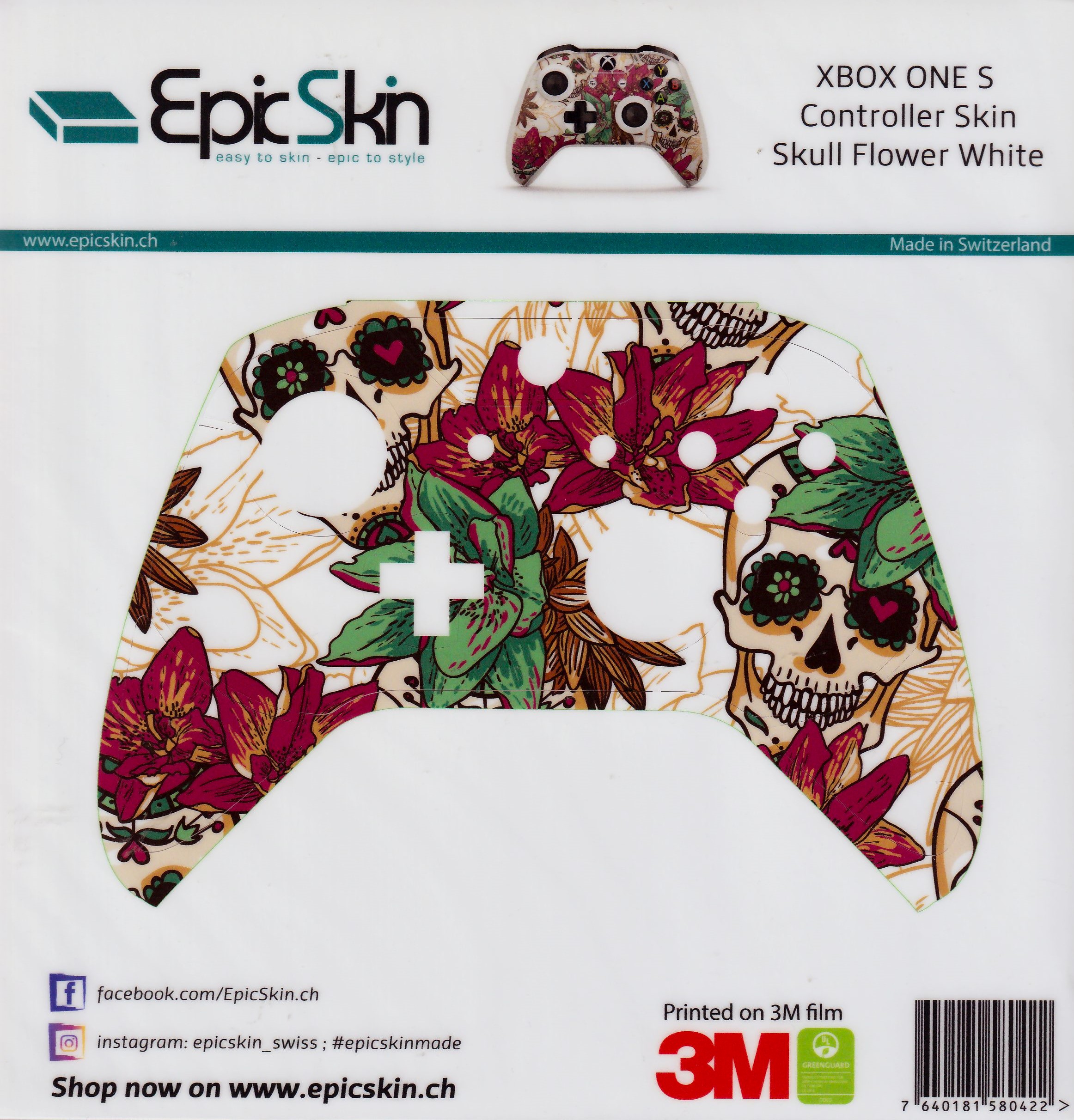 XBOX ONE S Controller Skin - Design Aufkleber Skull Flower White