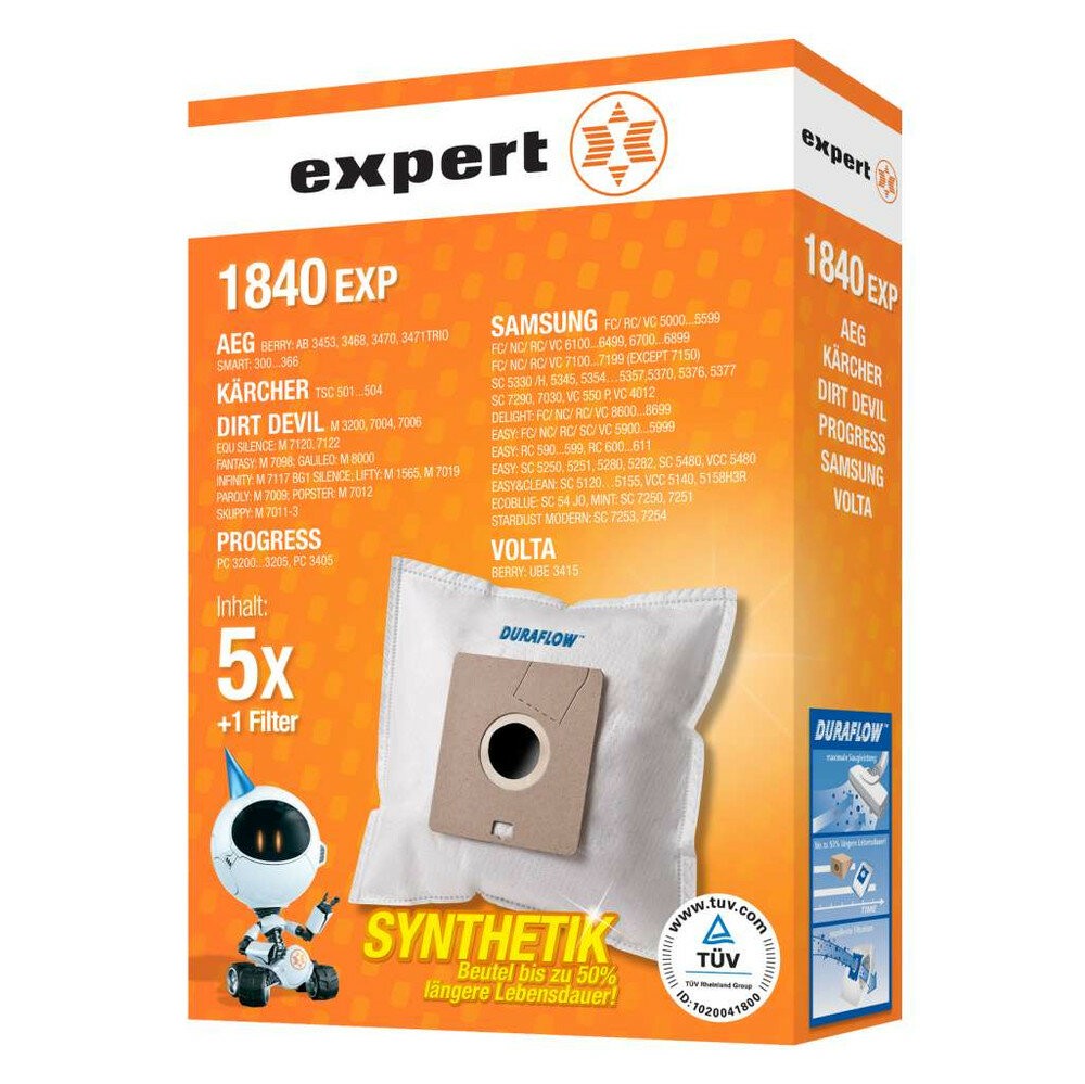 Expert 1840 EXP Staubsaugerbeutel (kompatibel zu ausgewählten Modellen von AEG, Samsung, Kärcher, Dirt Devil, Progress, Volta)