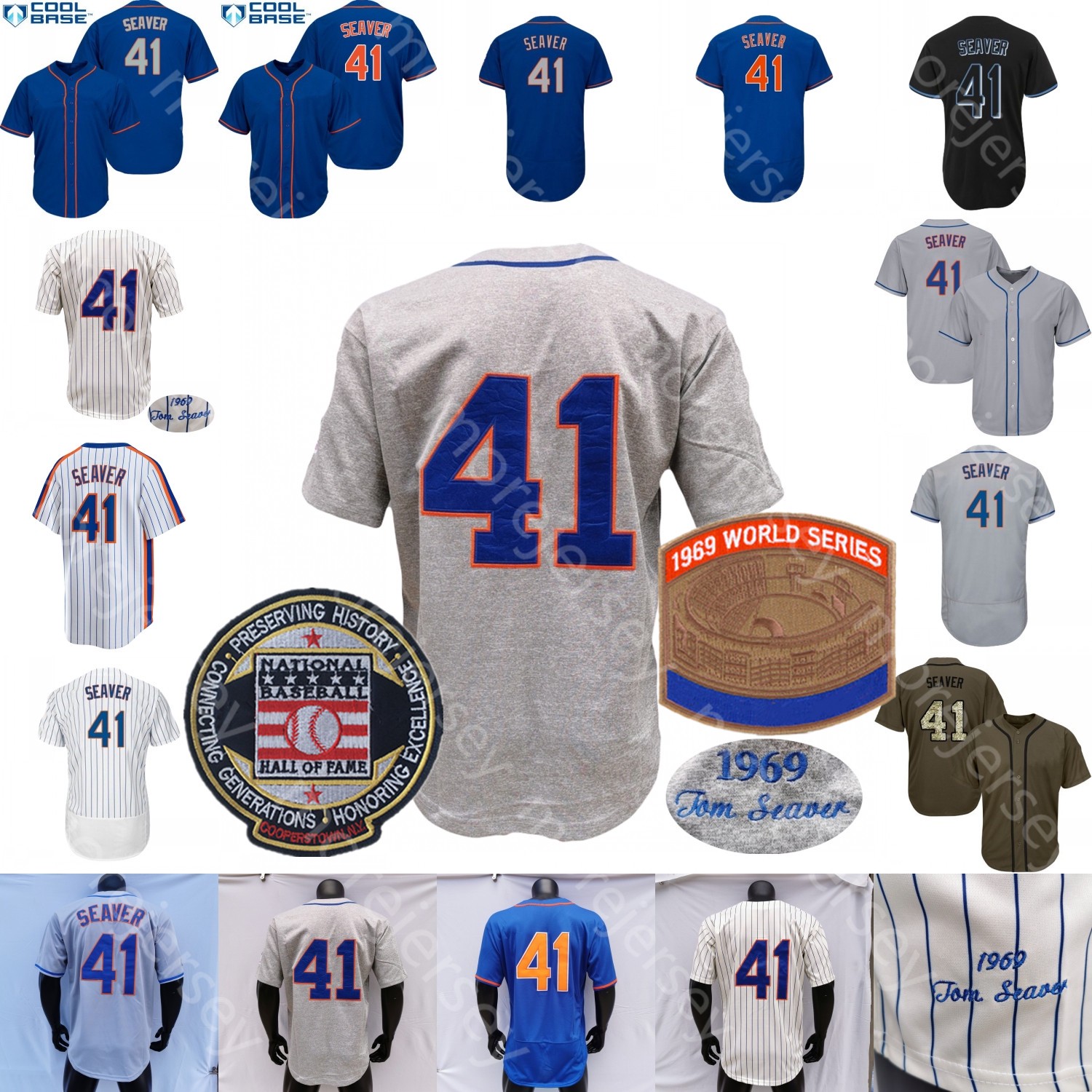 Tom Seaver Jersey 1969 WS Hall of Fame Patch Schwarz Creme Nadelstreifen Blau Grau Orange Fans Player Pullover Salute to Service Größe S-3XL