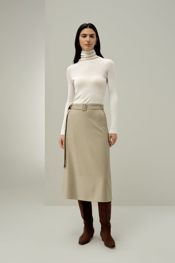 LILYSILK Seiden-Wollmischung Midirock Mit Gürtel Mühelos Chic DE Mandel 40