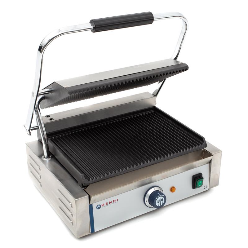 HENDI Panini Grill 2200 W 43 x 37 x 21 cm max. 300 °C stufenlos Platte: 43 x 23 cm Edelstahl Gusseisen inkl. Bürste, Gastro Kontaktgrill