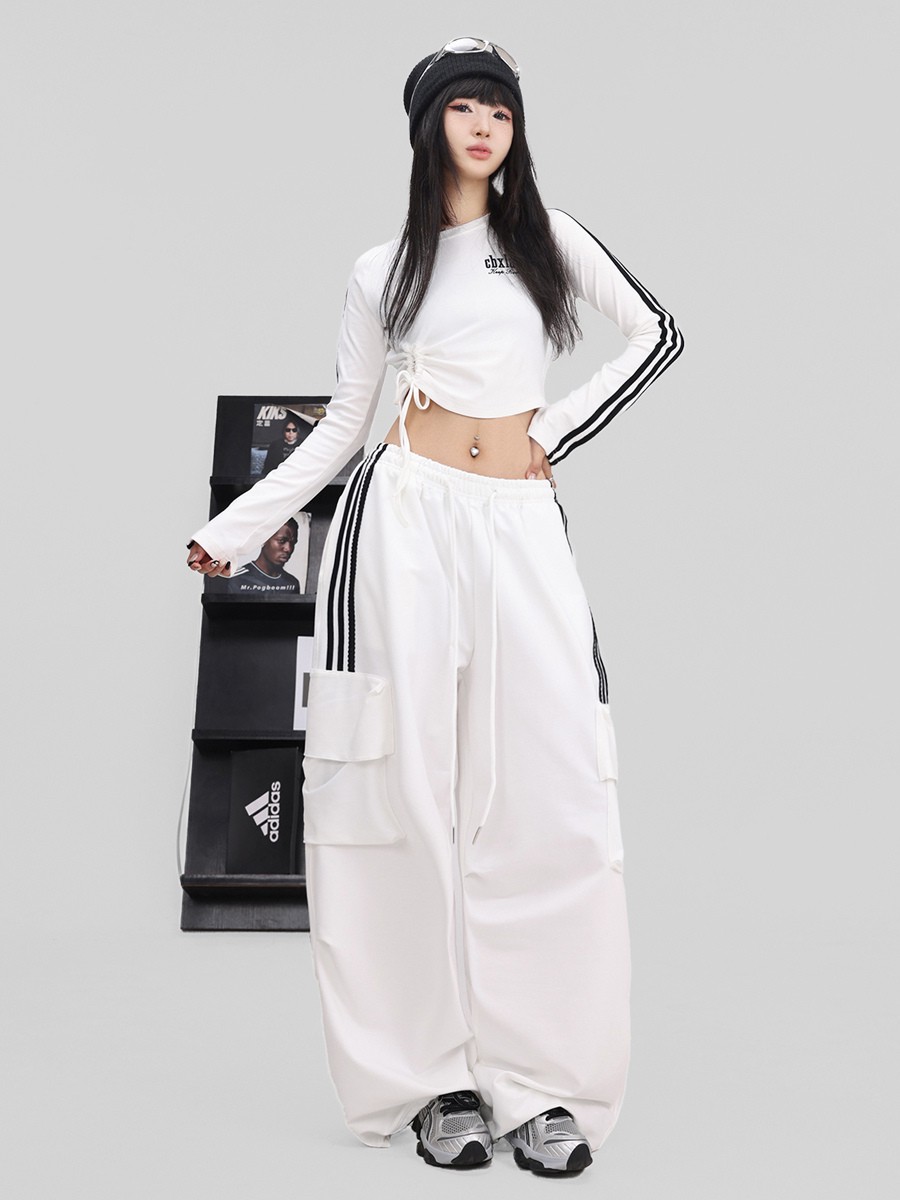 Street Dance Jumpsuit For Women Trendy White Contrast Color Jazz Outfit With Lacing Slim-fit Hip-hop Pants