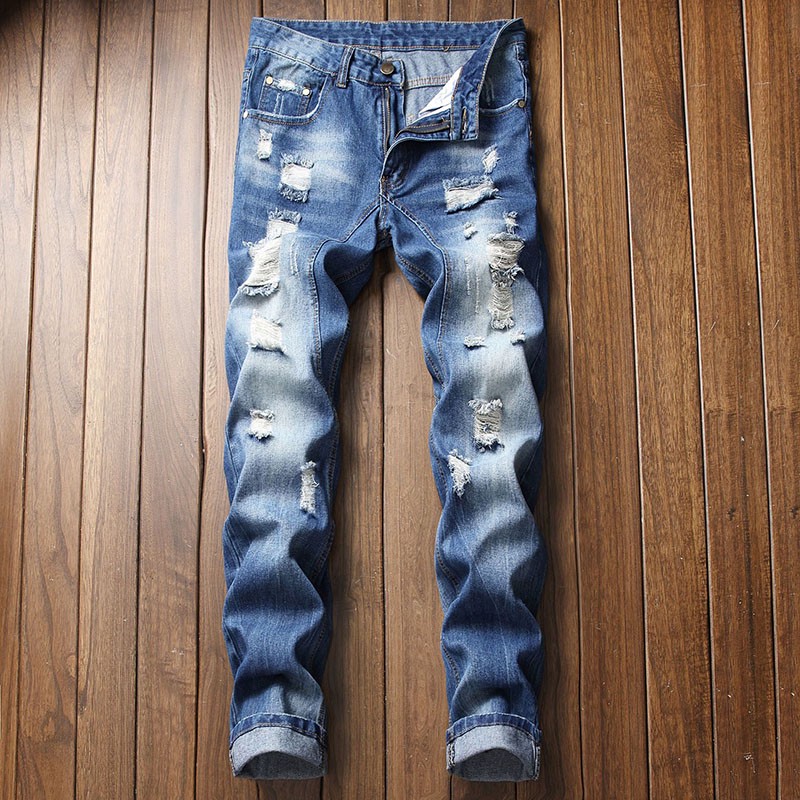 Men's skinny jeans Ripped knees Jeans Men love ripped holes stretch scratches denim wash jeans high quality