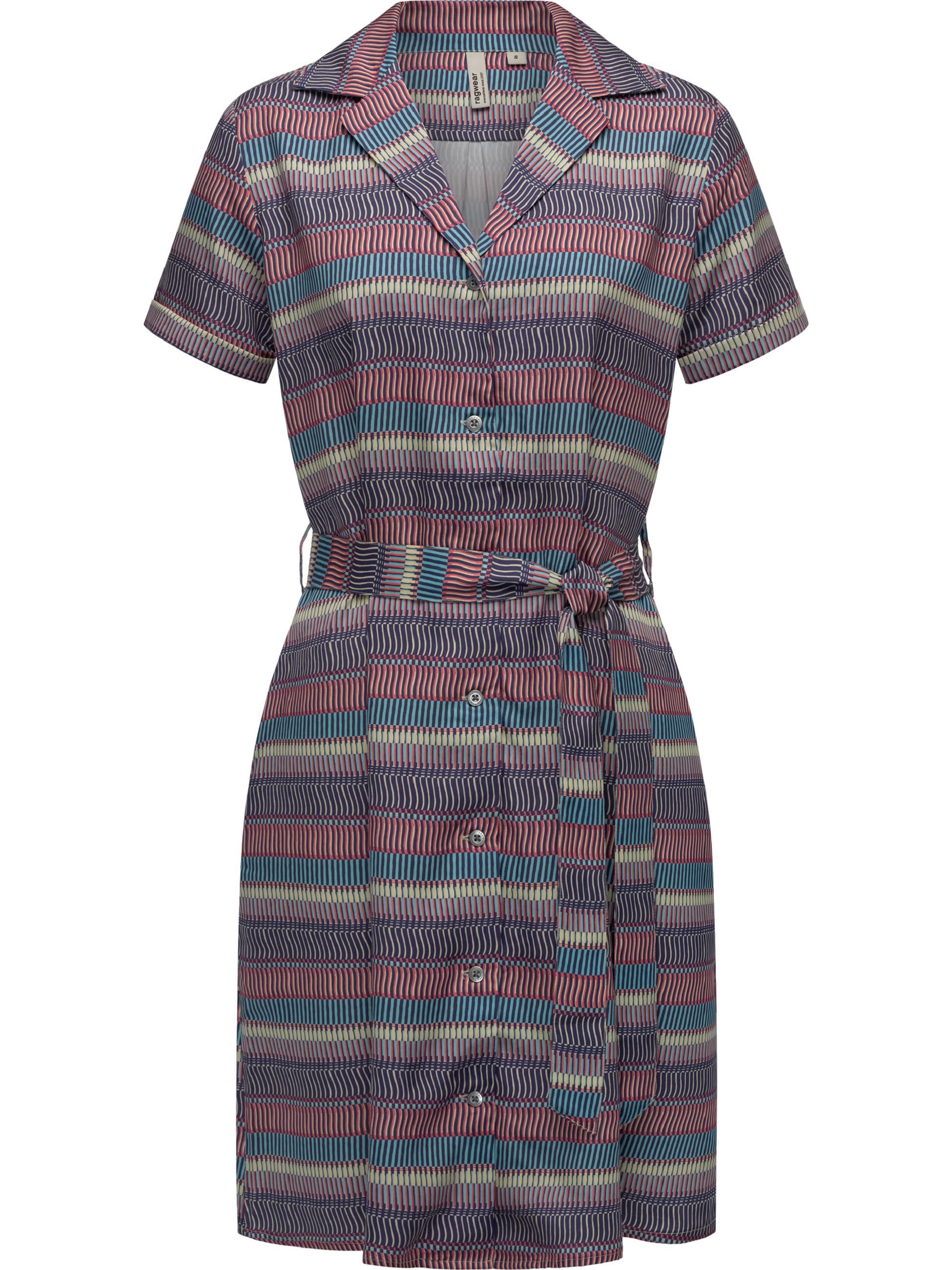 Gemustertes Sommerkleid Kurzarm Midikleid mit Knopfleiste und Stoffgürtel 