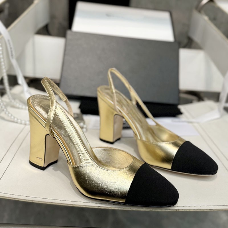 Womens Slingback Dress Shoe Designer Chunky Heels Sandals Slip On Outdoor Leisure Shoe Sheepskin Wedding Shoe Classic Silver Gold Black Casual Sh