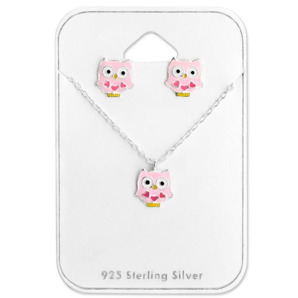 Kinder Mädchen Schmuck Set Ohrstecker Kette Anhänger Eule Herzen 925er Silber