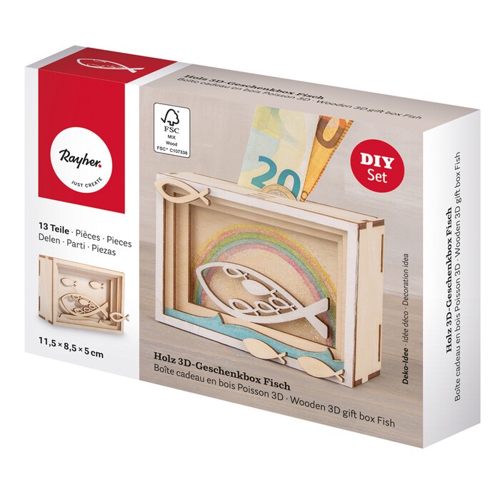 RAYHER 3D-Geschenkbox aus Holz Fisch 13 Teile natur