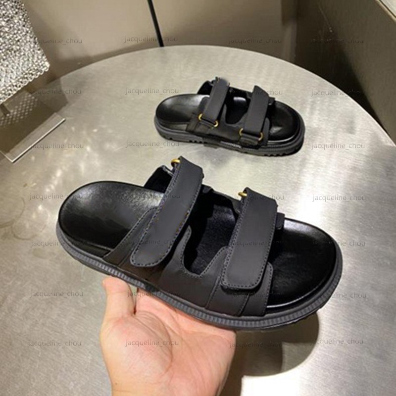Black Slipper Sandal Real Leather Letter Hook Platform Sandales Casual Sliders Shoes Woman Flip Flops TPU Outsole Size 35-42