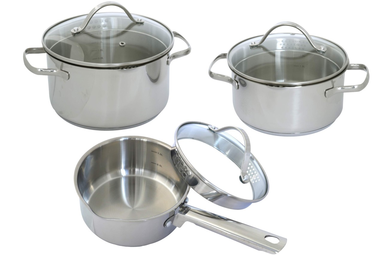DESKI Edelstahl Kochtopf Set 6-tlg. mit Ausgießtülle und Glasdeckel Töpfe