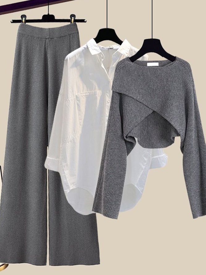 Damen Lässig Unifarben Frühling/Herbst Polyester Weit Rundhals Bluse mit Hose H-Linie Normale Ärmel Matching Kostüme