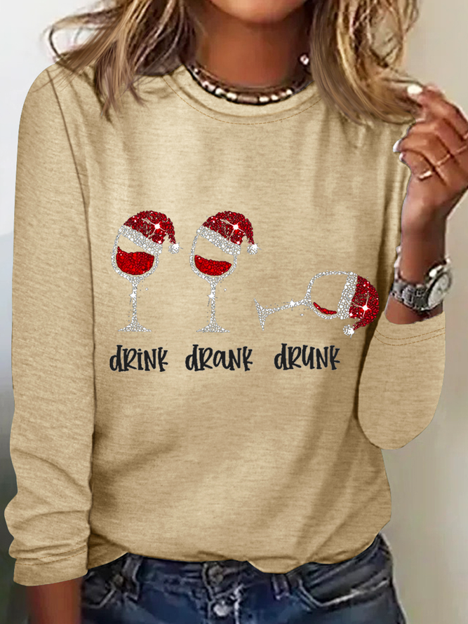 Damen Lässig Frühling/Herbst Weihnachten Wein Glas Mikroelastizität Regelmäßige Passform Langarm Rundhals Regelmäßig H-Linie Shirts