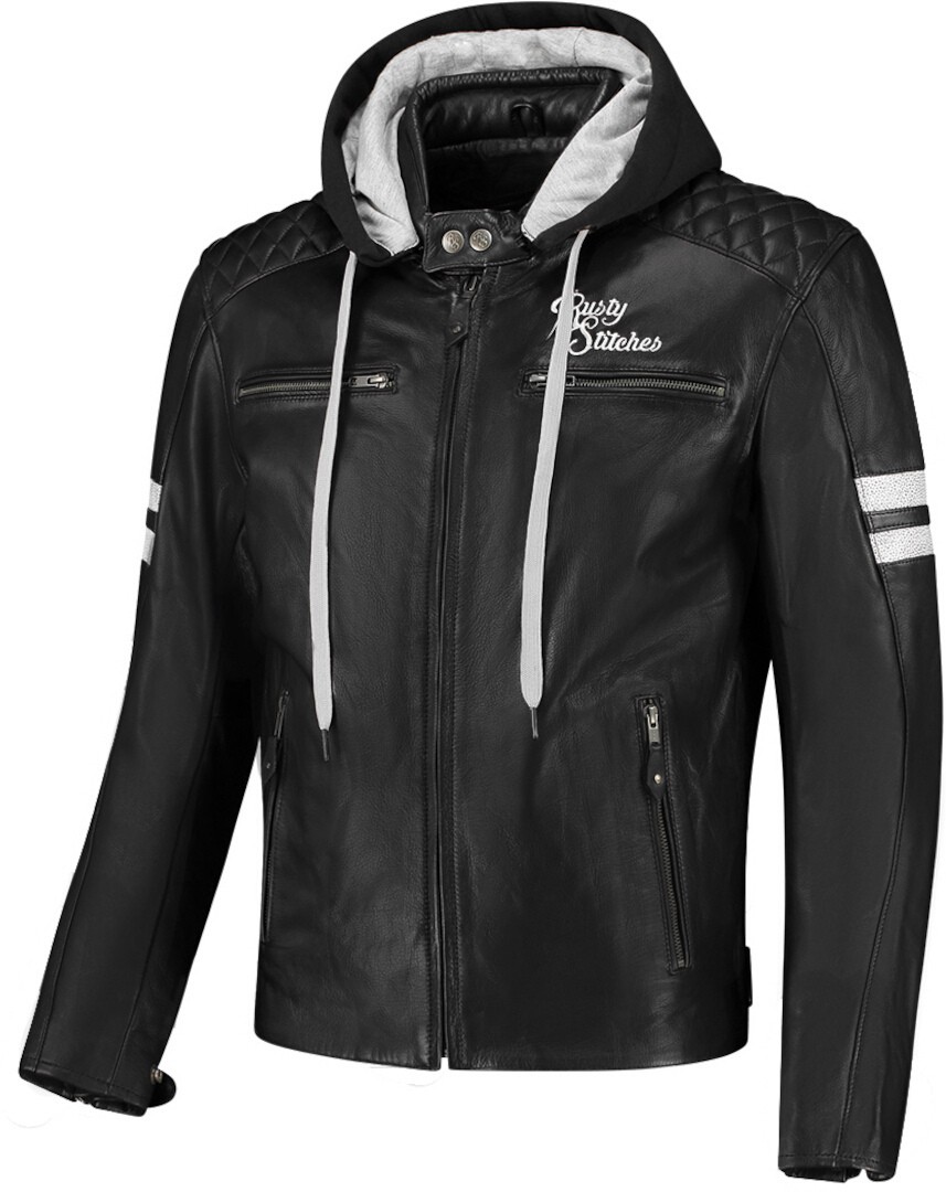Rusty Stitches Super Jari Hooded V2 Motorrad Lederjacke, schwarz-weiss, Größe 8XL für Männer