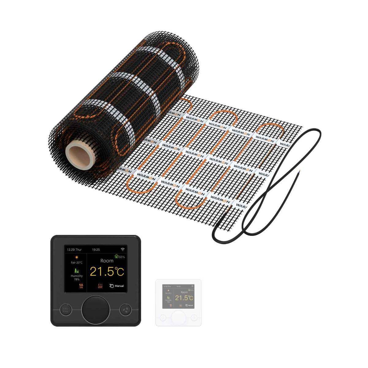 Elektrische Fußbodenheizung: Zweiader-Heizmatte WARMON CLASSIC LIGHT 100 W/m² mit Smart Thermostat R7C-716 Smart WiFi Farb-LCD schwarz - 14 m²