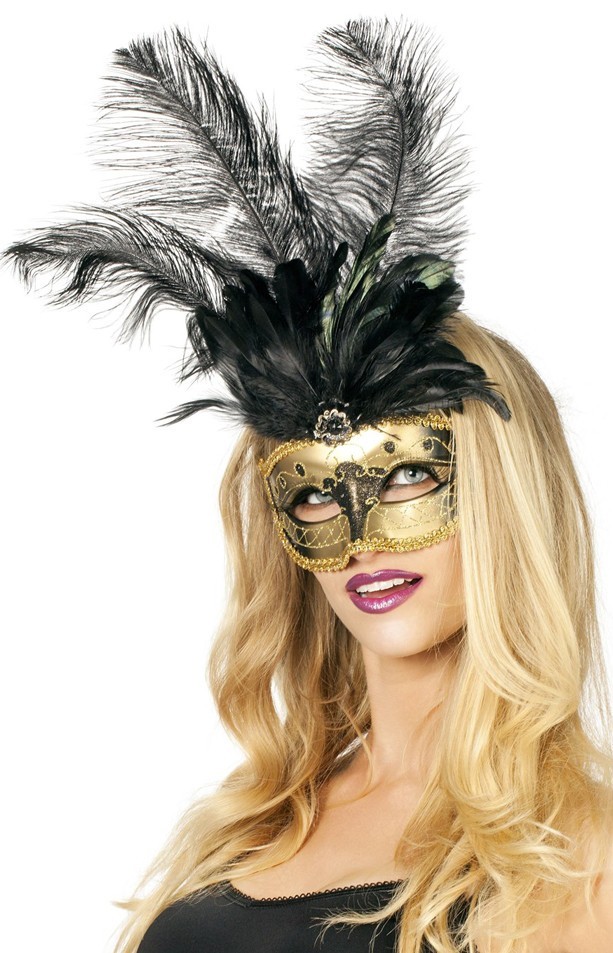 Venezianische Augenmaske Gold Mit Federn