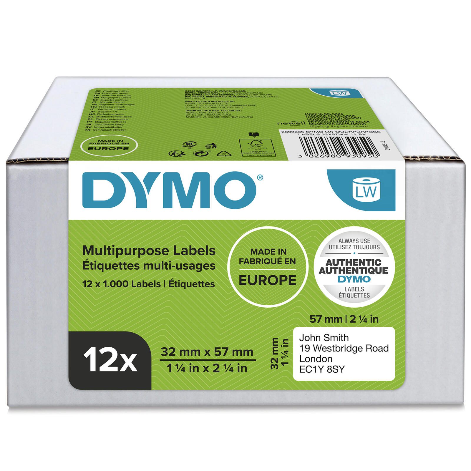 DYMO® Original Etikett für LabelWriter™, Vorteilspack, Vielzweck, weiss, wiederablösbar, 12 x 1.000 Etiketten