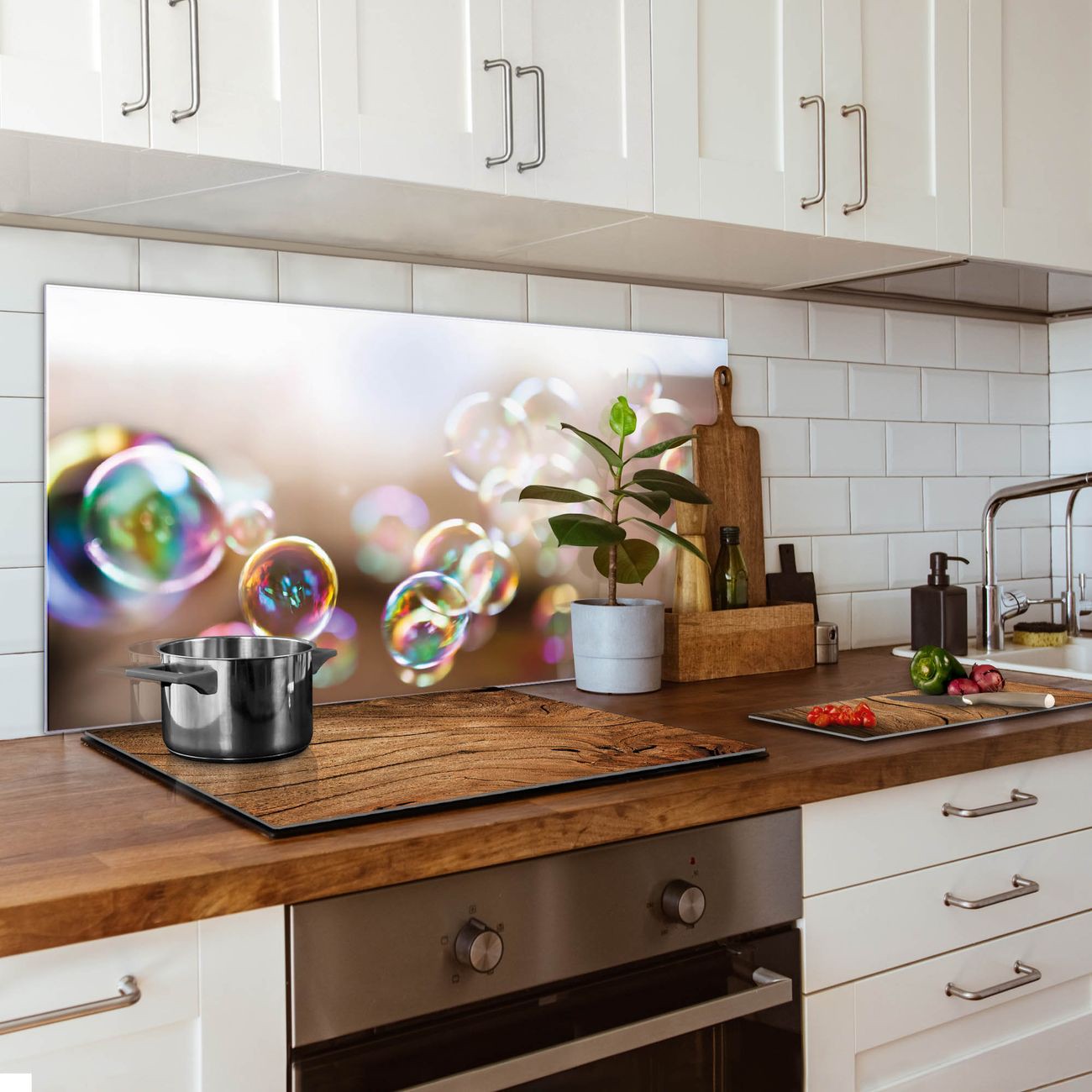 Banjado Nischenrückwand 55x110cm Glas Küchenrückwand selbstklebend Spritzschutz Küche Herd ohne Bohren, Sicherheitsglas Motiv Seifenblasen