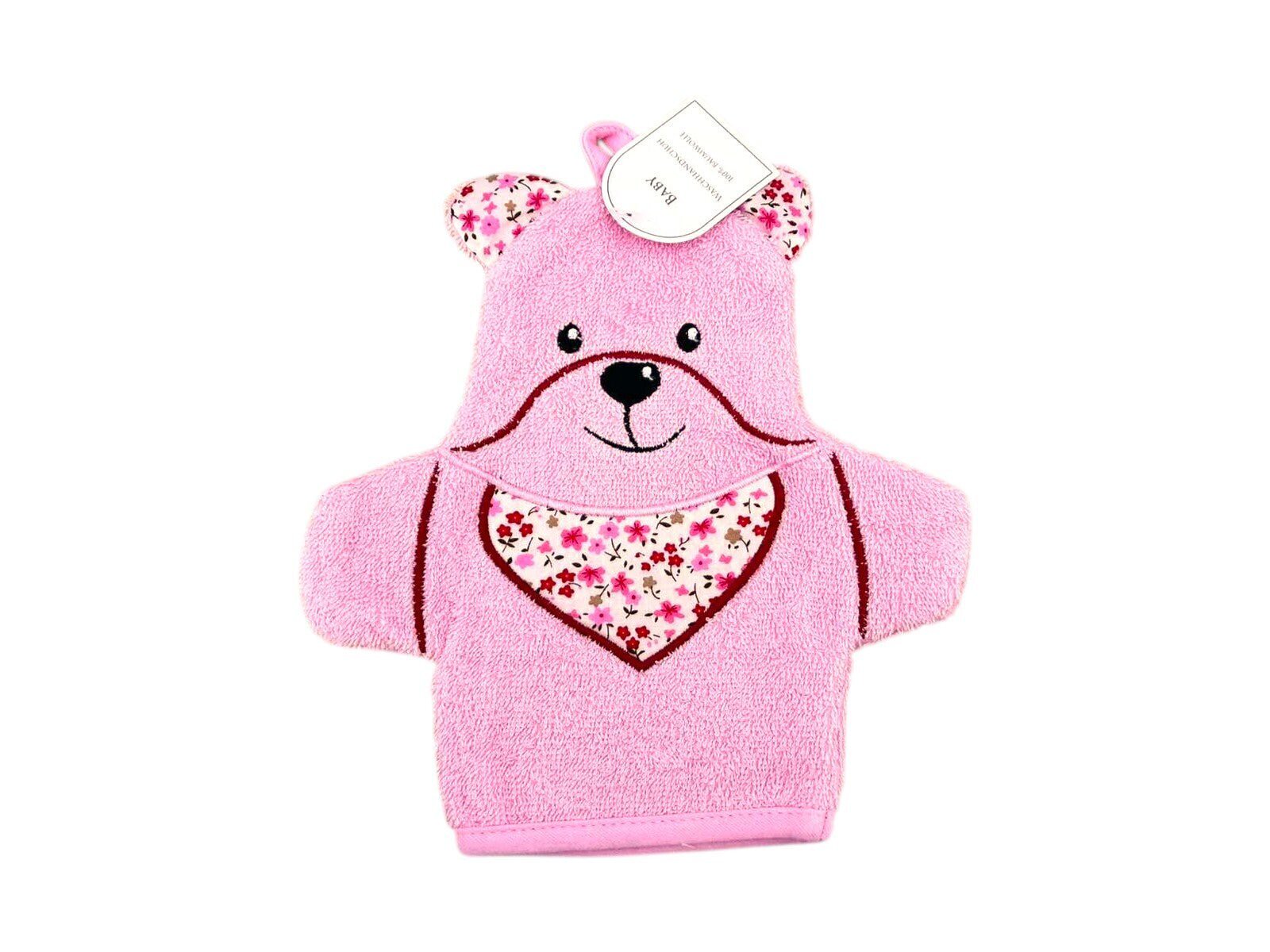 Baby Waschhandschuh Bär » Kinder Waschlappen Frottee » ca. 22x 15 cm reine Baumwolle » Wasch Handschuh - Rosa