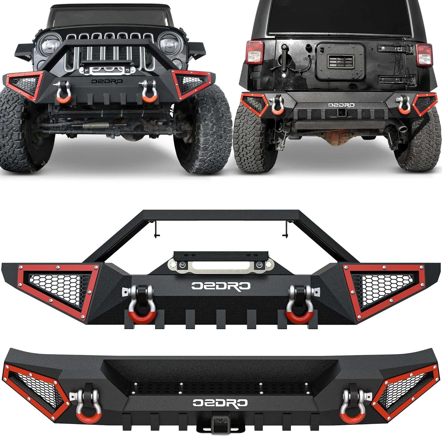OEDRO Front and Rear Bumper for 2007-2018 Jeep Wrangler JK & Unlimited JKU (2/4 Doors) with Winch Plate Mounting & D-Rings & Hitch Receiver