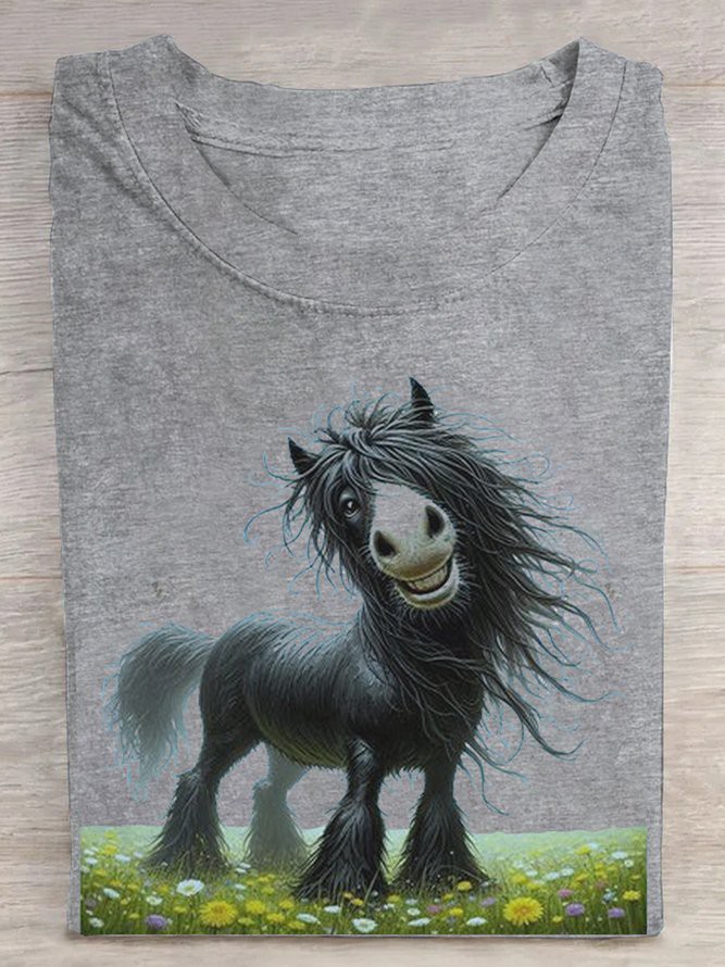 Lässig Pferd Sommer Baumwolle Rundhals Regelmäßig H-Linie Regelmäßig Mittlere Elastizität T-Shirts für Damen